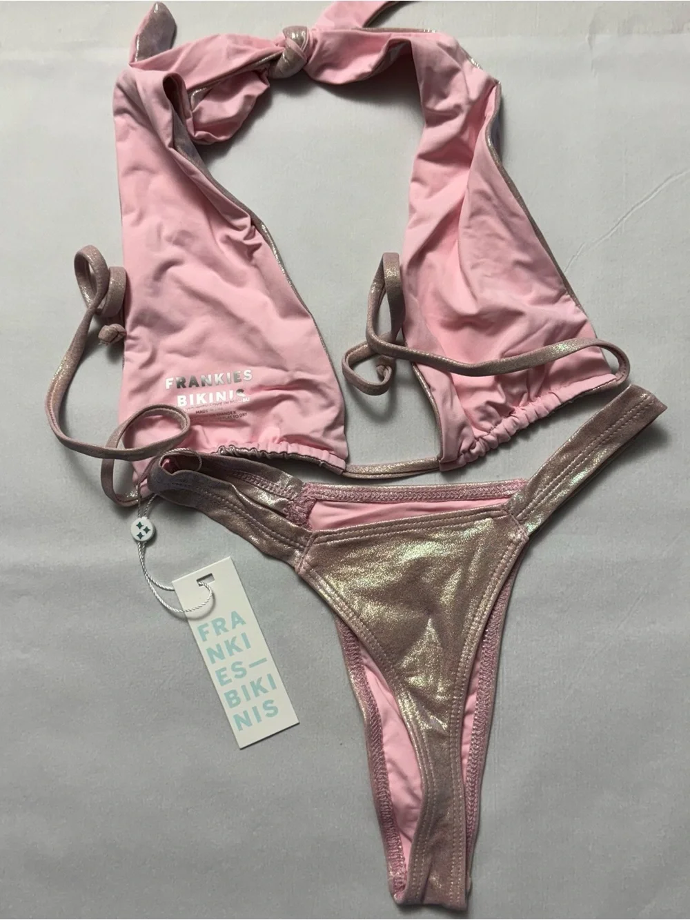 FRANKIES BIKINI Iridescent Pink Set Julianne Halter Top & Cindy Thong Bottom